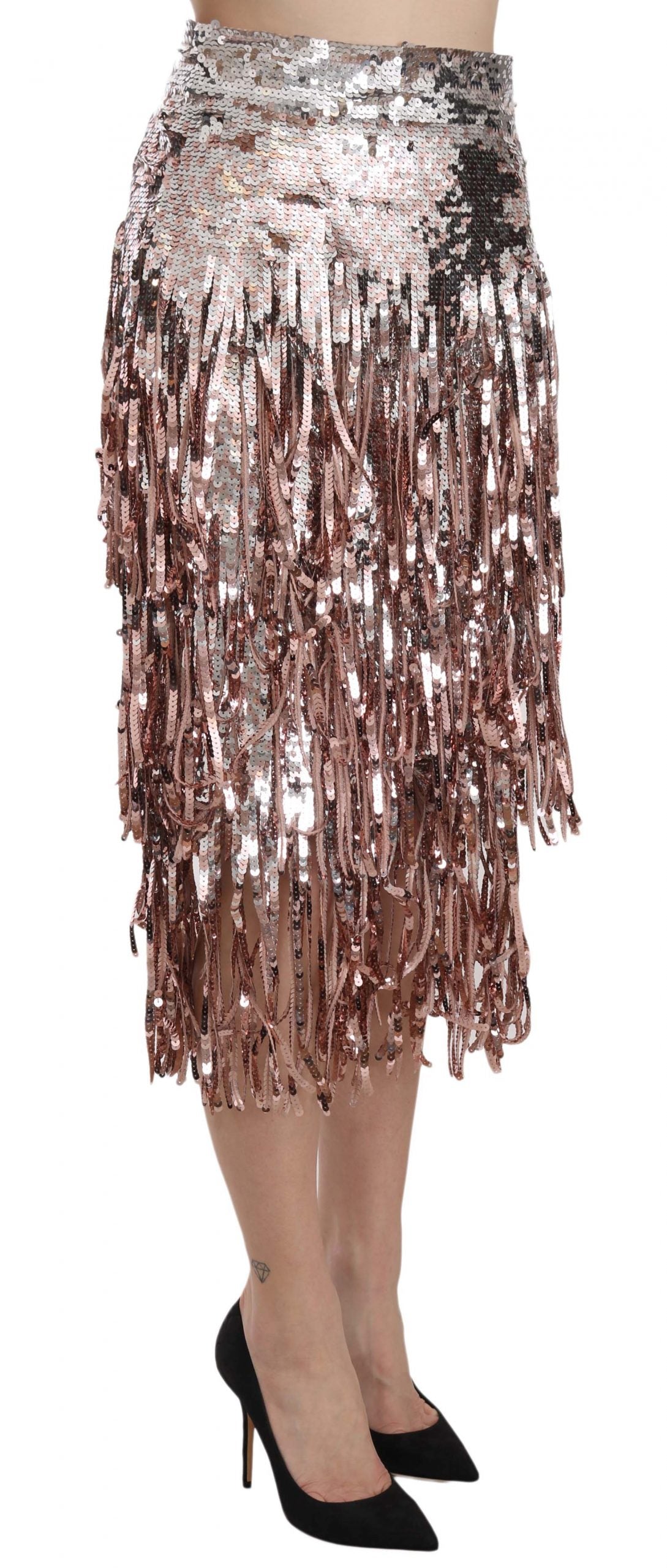 Dolce & Gabbana Silver Pink Sequin Embellished Fringe Pencil Skirt