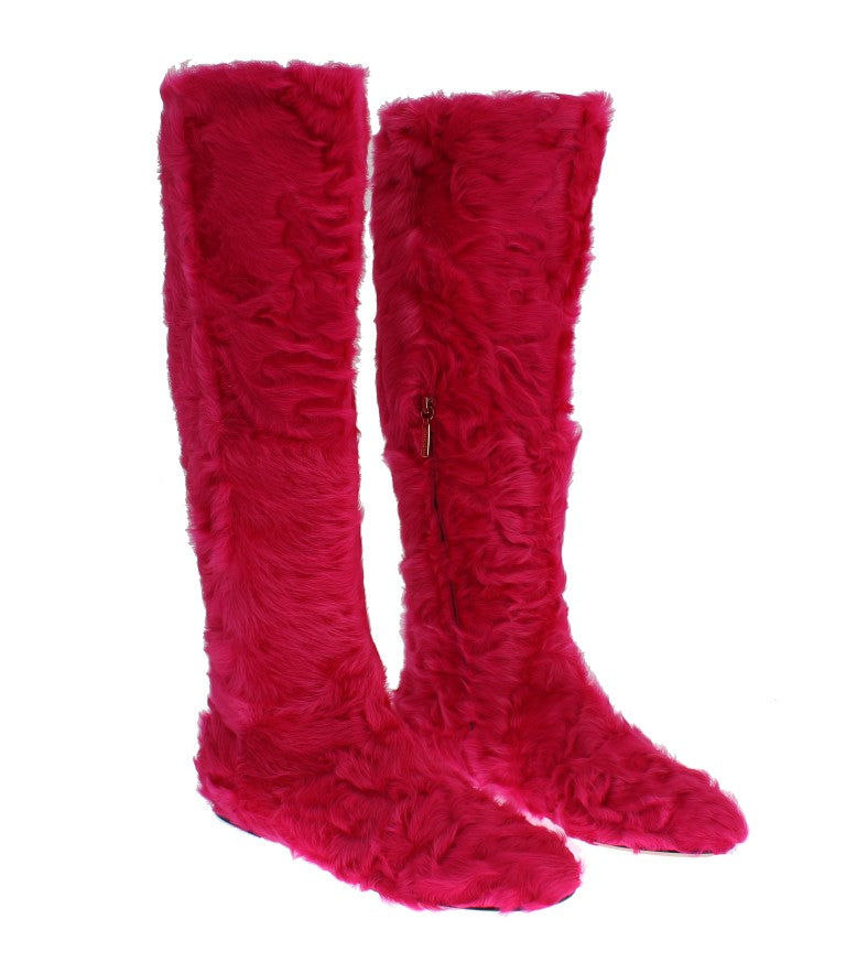 Dolce & Gabbana Pink Lamb Fur Leather Flat Boots