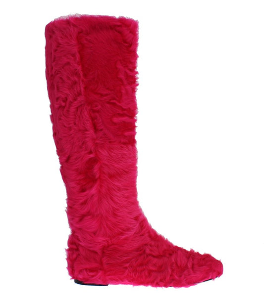 Dolce & Gabbana Pink Lamb Fur Leather Flat Boots