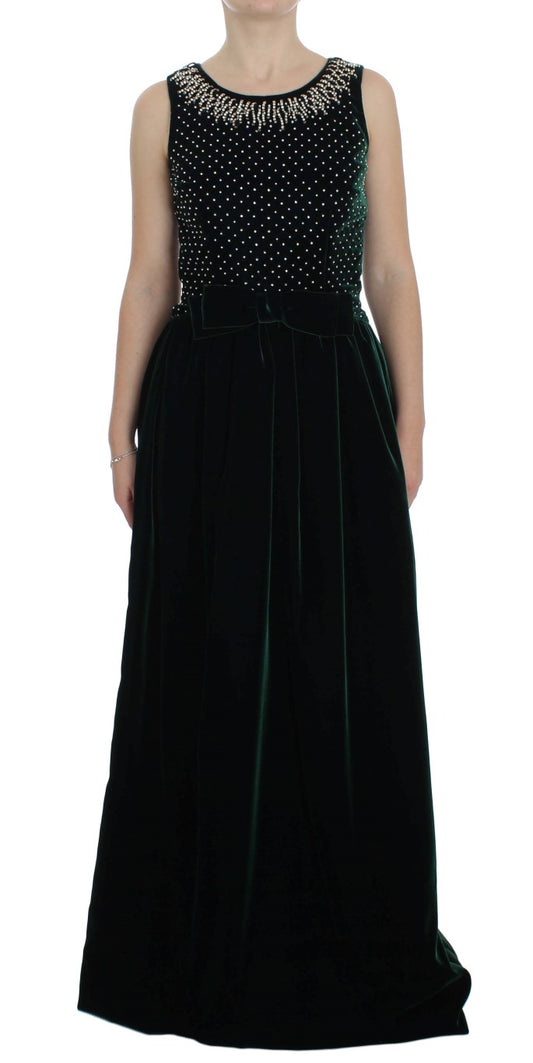 Dolce & Gabbana Green Velvet Crystal Sleeveless Maxi Dress