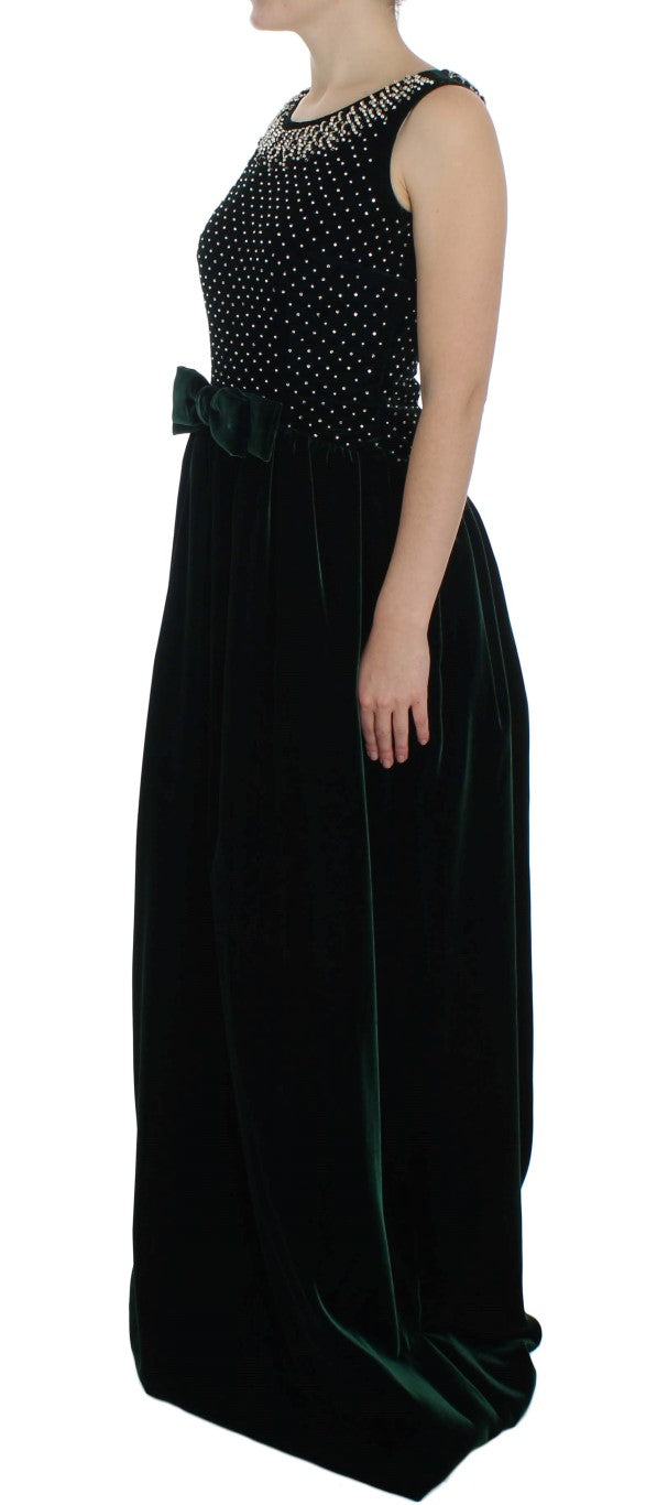 Dolce & Gabbana Green Velvet Crystal Sleeveless Maxi Dress