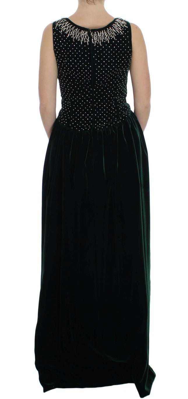 Dolce & Gabbana Green Velvet Crystal Sleeveless Maxi Dress