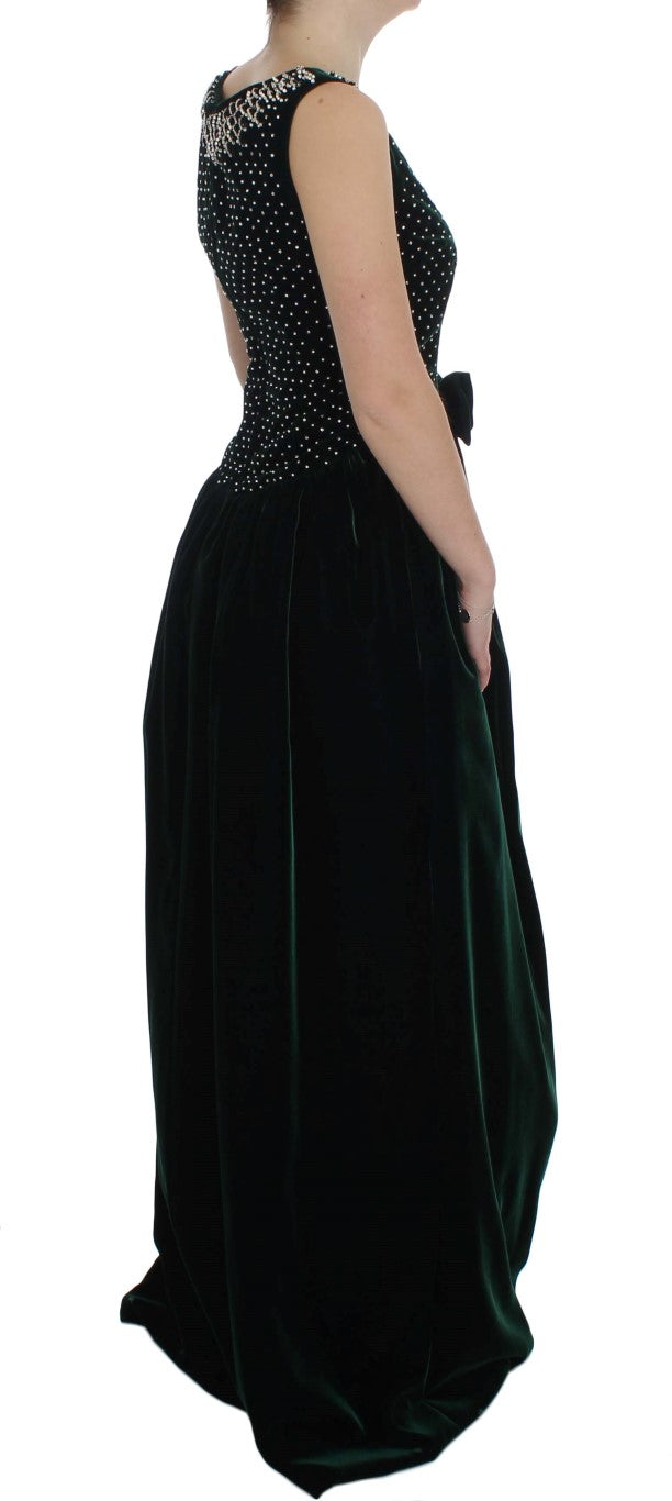 Dolce & Gabbana Green Velvet Crystal Sleeveless Maxi Dress