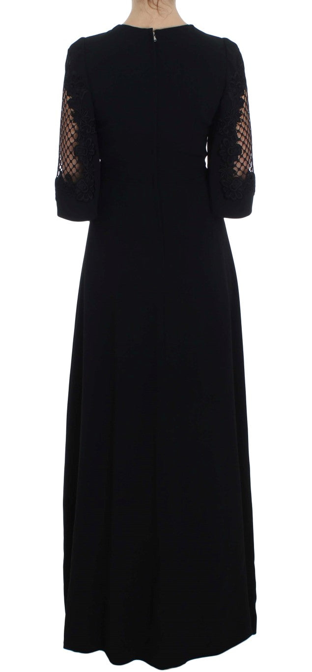 Dolce & Gabbana Black Ricamo Wool Stretch Maxi Dress