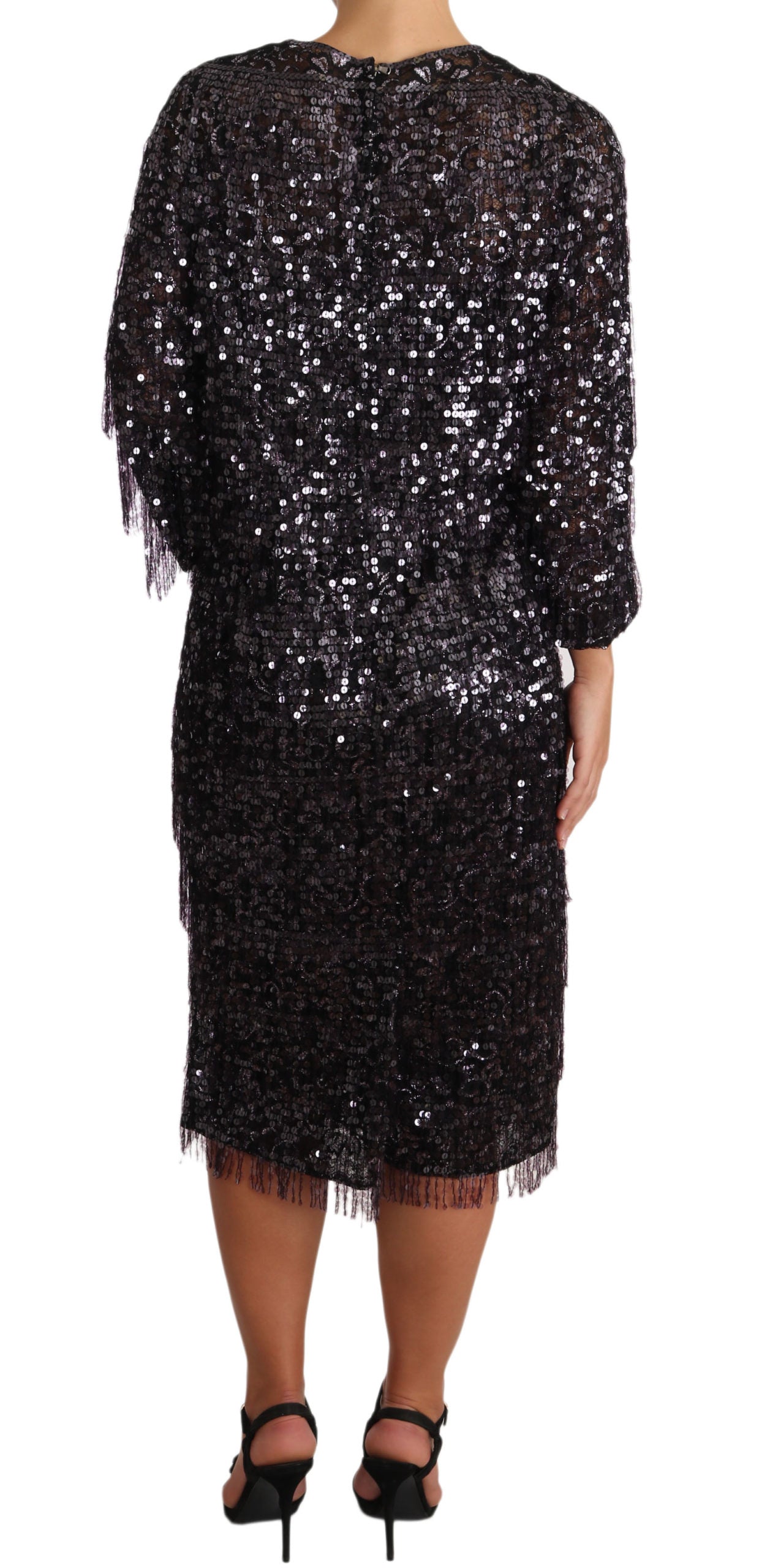 Dolce & Gabbana Black Sequined Long Sleeve Shift Midi Dress