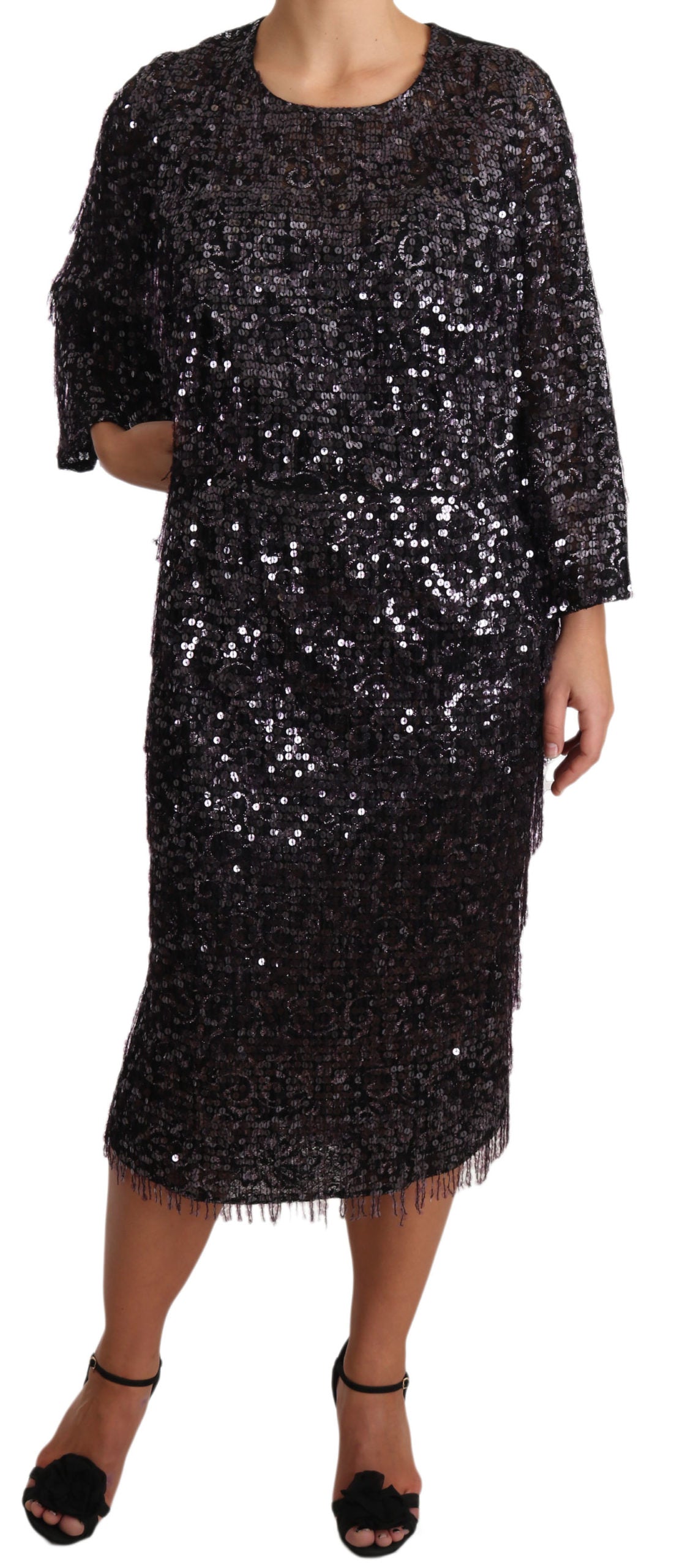 Dolce & Gabbana Black Sequined Long Sleeve Shift Midi Dress