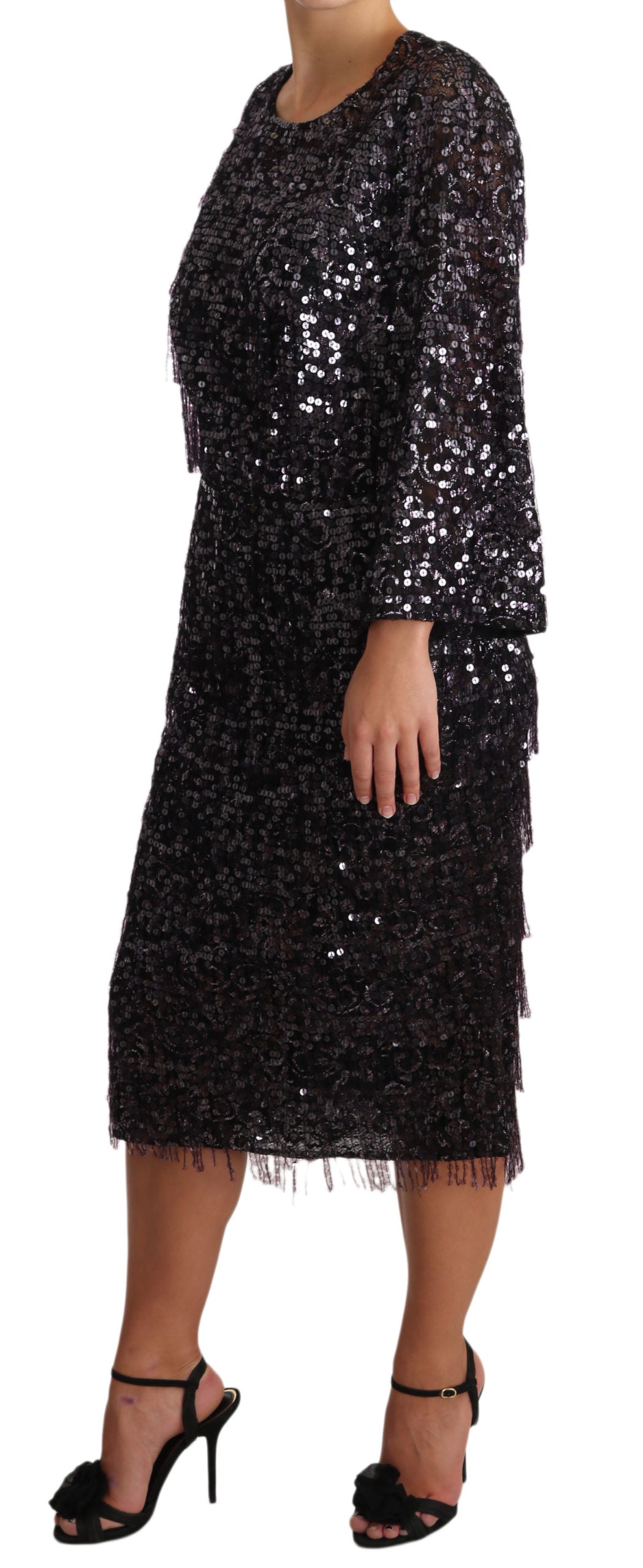 Dolce & Gabbana Black Sequined Long Sleeve Shift Midi Dress