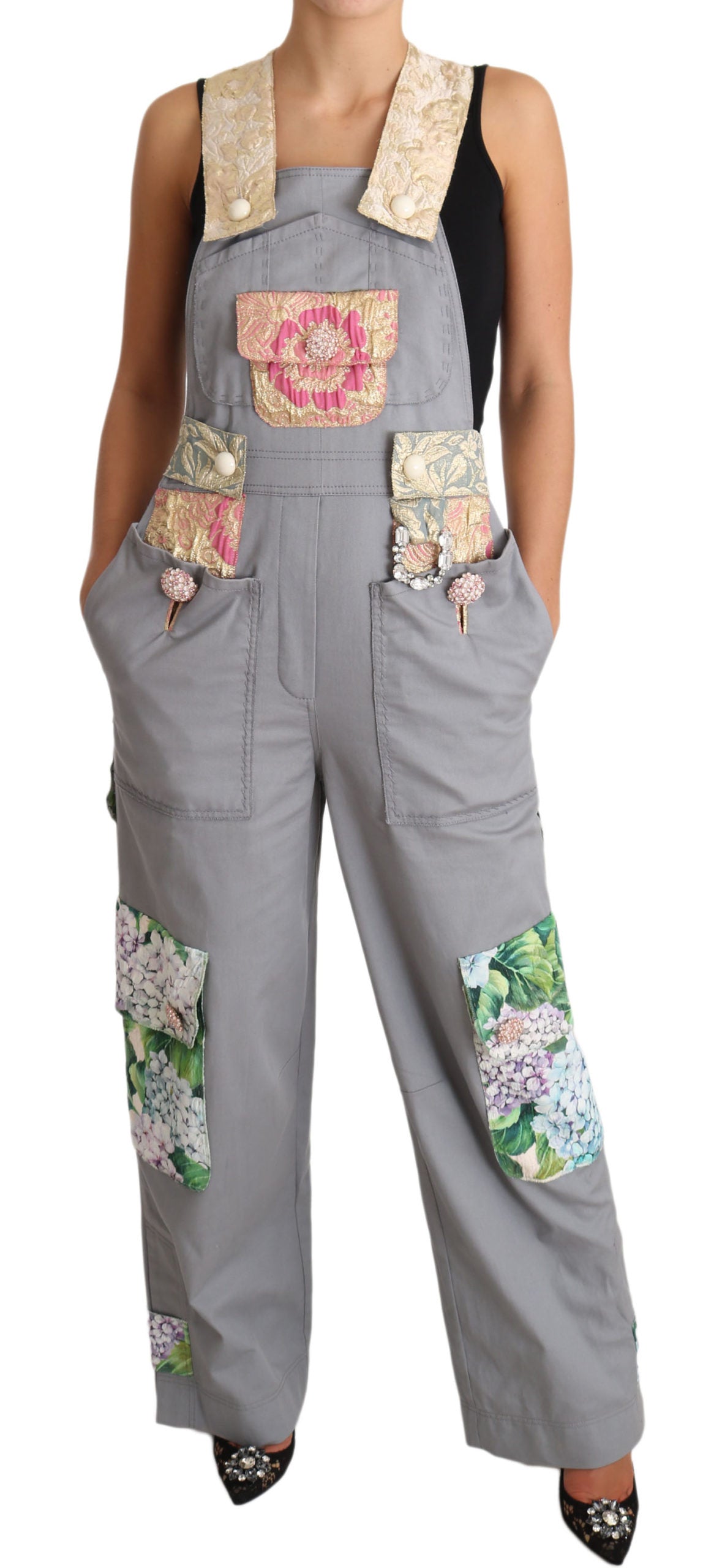 Dolce & Gabbana Gray Overall Jeans Gray Denim Crystal Hortensia