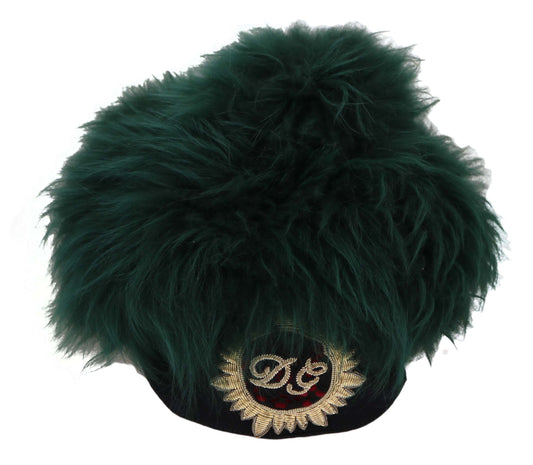 Dolce & Gabbana Green Fur DG Logo Embroidered Cloche Hat