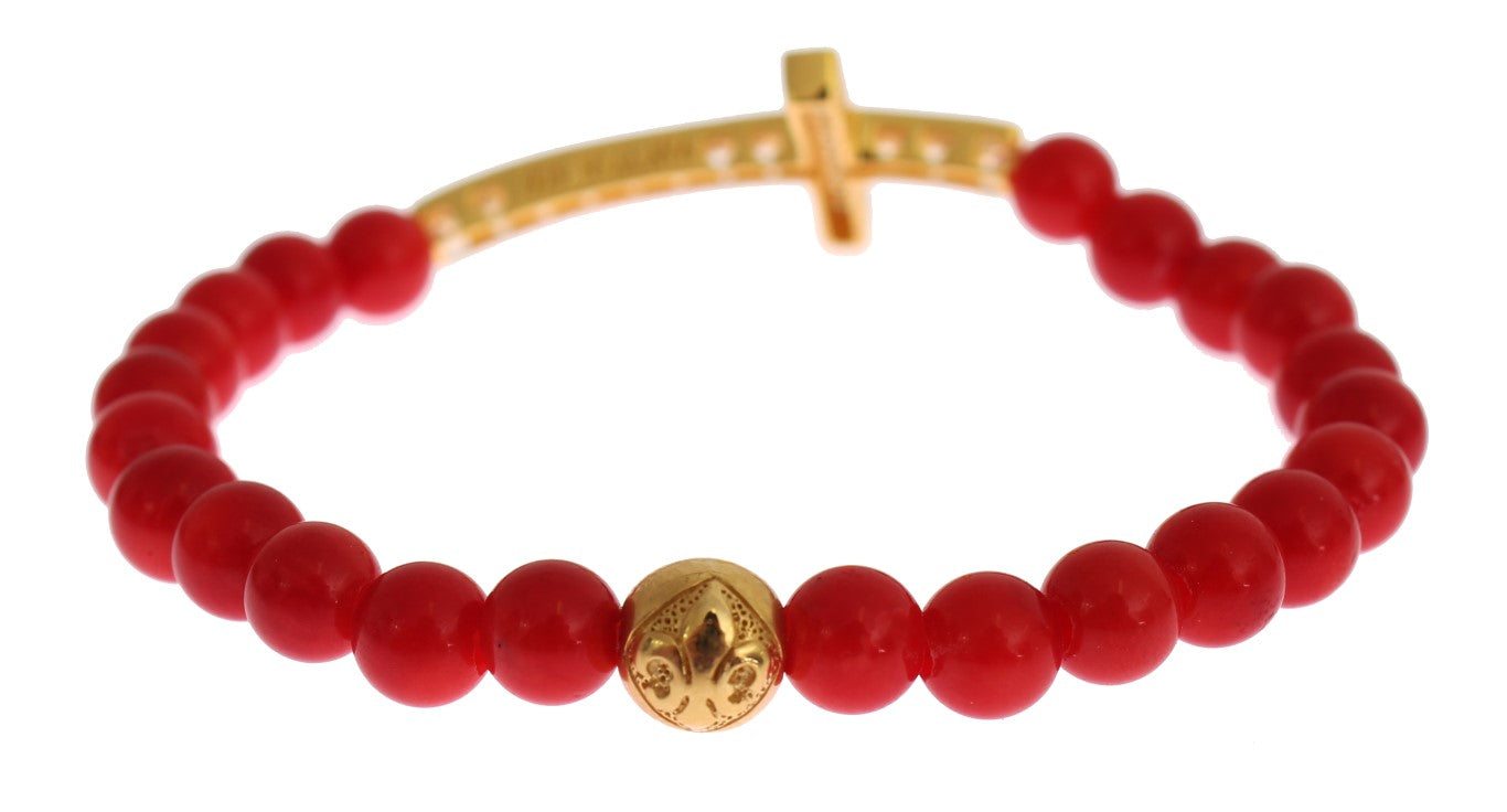 Nialaya Red Coral Gold CZ Cross 925 Silver Bracelet