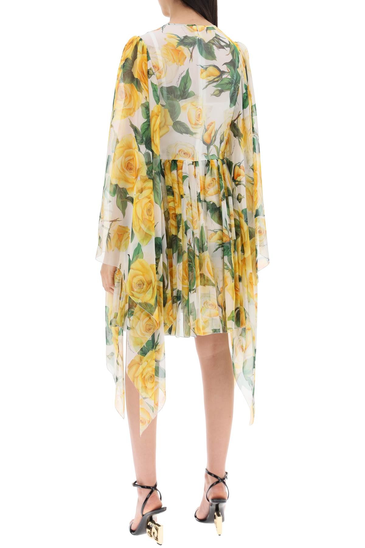 Dolce & Gabbana Yellow Rose Print Silk Chiffon Dress