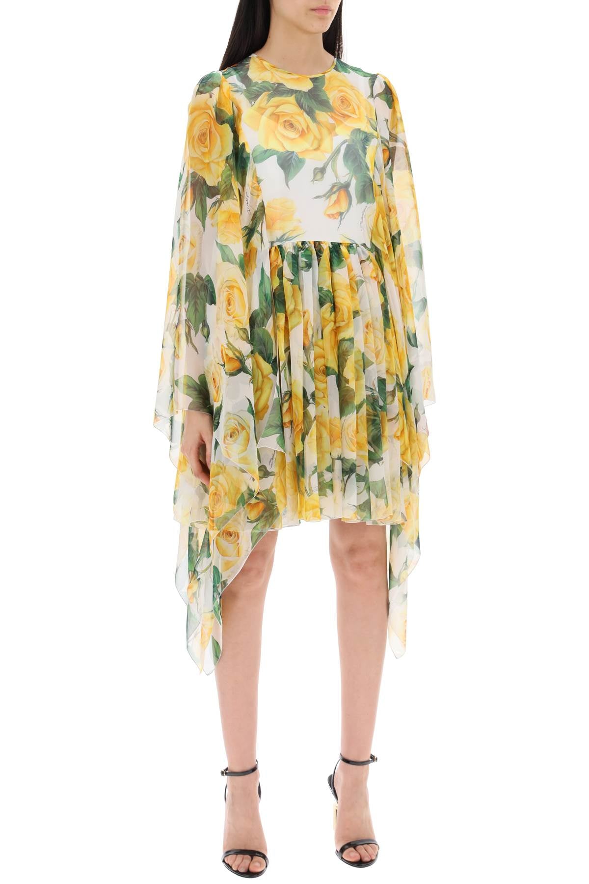 Dolce & Gabbana Yellow Rose Print Silk Chiffon Dress