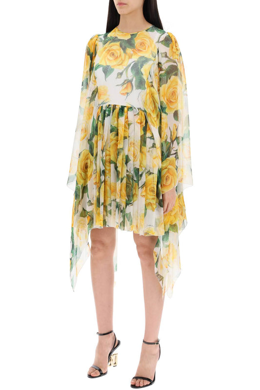 Dolce & Gabbana Yellow Rose Print Silk Chiffon Dress