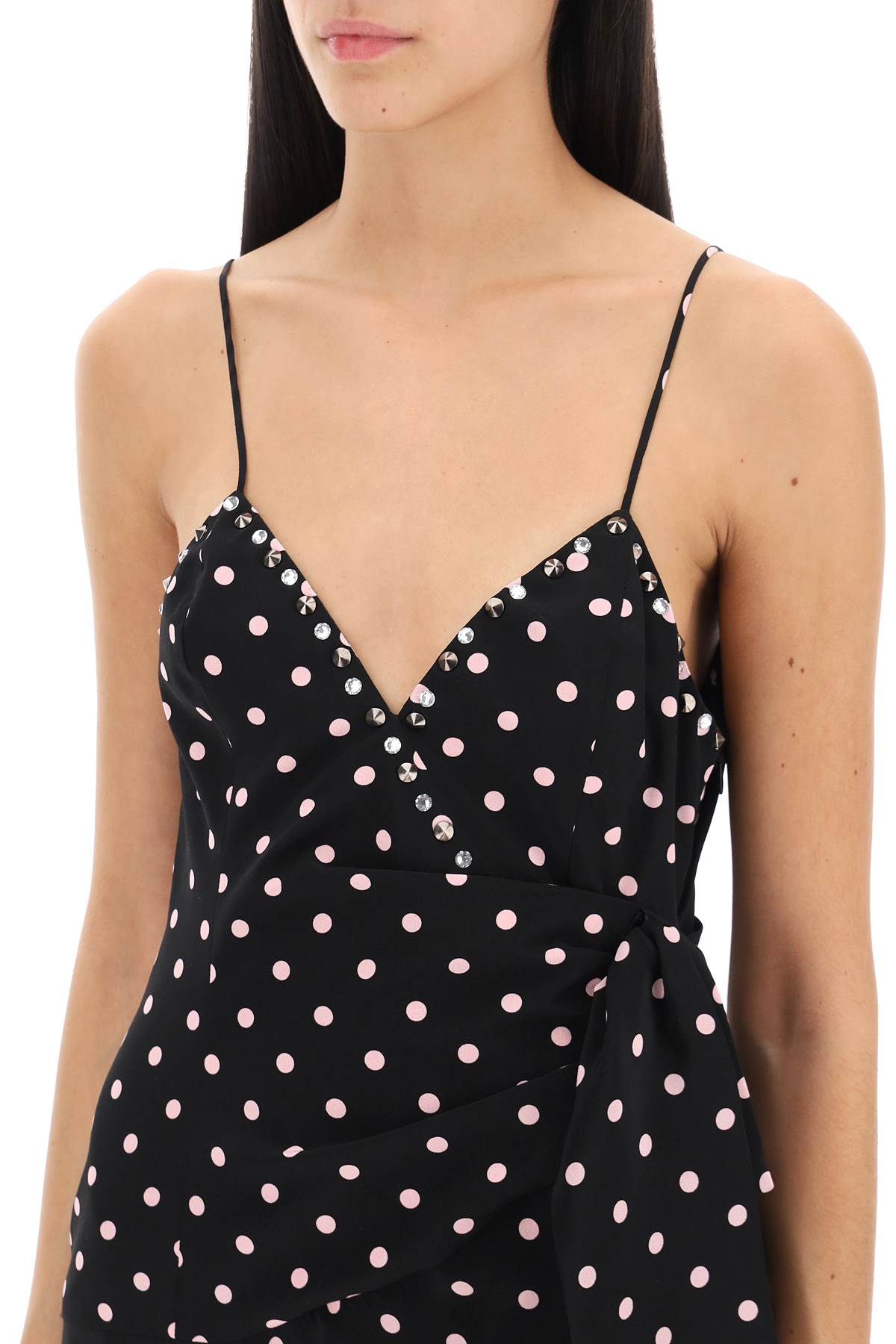 Alessandra Rich Black White Polka Dot Rhinestone Silk Slip Dress