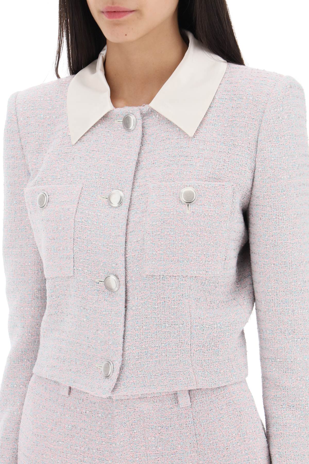 Alessandra Rich Gray White Tweed Boucle Cropped Jacket