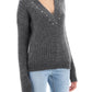 Alessandra Rich Grey Crystal V-Neck Wool Sweater