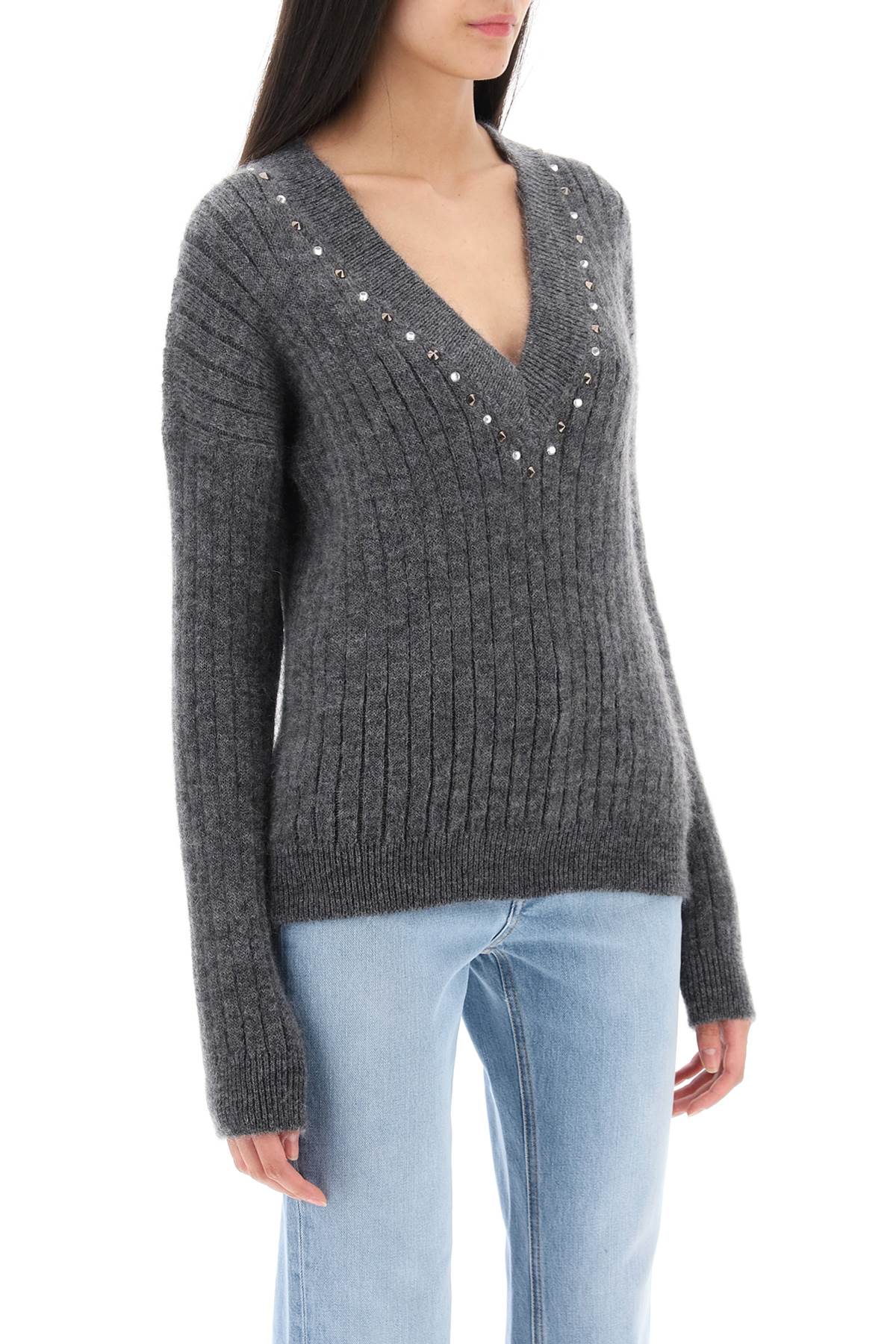 Alessandra Rich Grey Crystal V-Neck Wool Sweater