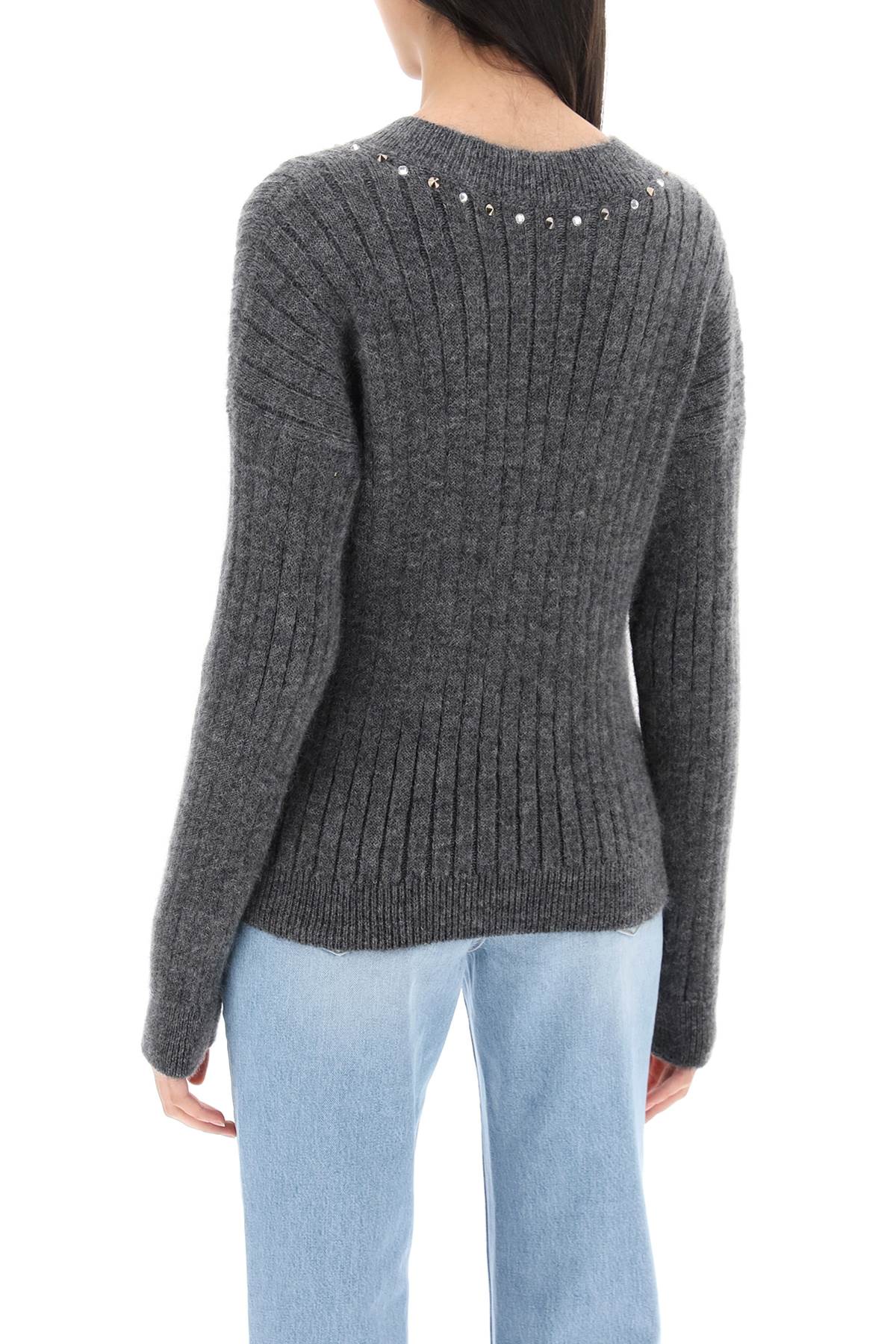 Alessandra Rich Grey Crystal V-Neck Wool Sweater