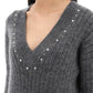 Alessandra Rich Grey Crystal V-Neck Wool Sweater