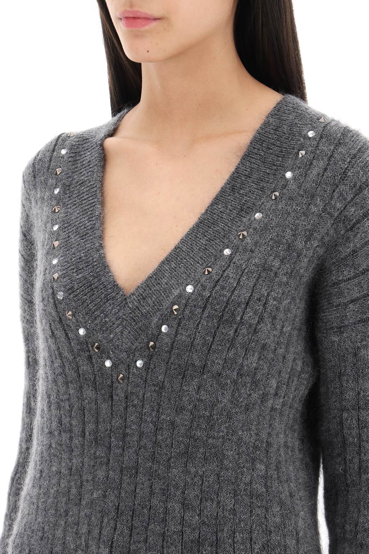 Alessandra Rich Grey Crystal V-Neck Wool Sweater