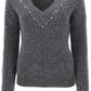 Alessandra Rich Grey Crystal V-Neck Wool Sweater