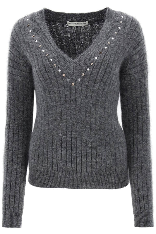 Alessandra Rich Grey Crystal V-Neck Wool Sweater