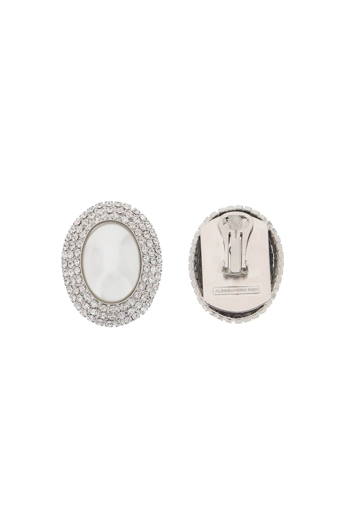 Alessandra Rich Silver Crystal Oval Pearl Clip Earrings