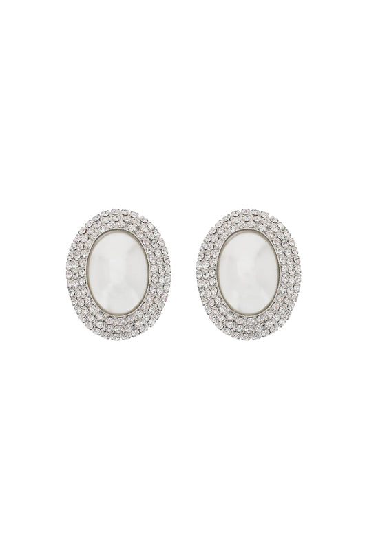 Alessandra Rich Silver Crystal Oval Pearl Clip Earrings