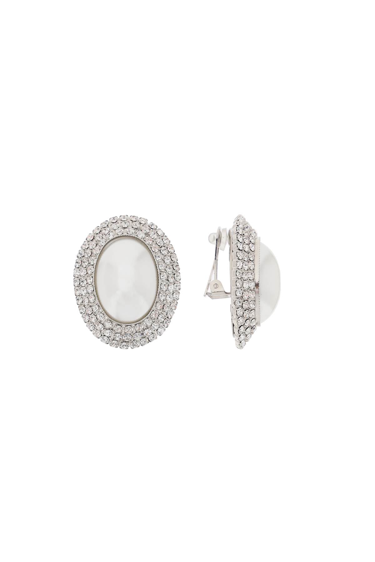 Alessandra Rich Silver Crystal Oval Pearl Clip Earrings