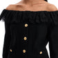 Alessandra Rich Black Off Shoulder Crystal Button Boucle Tweed Blazer