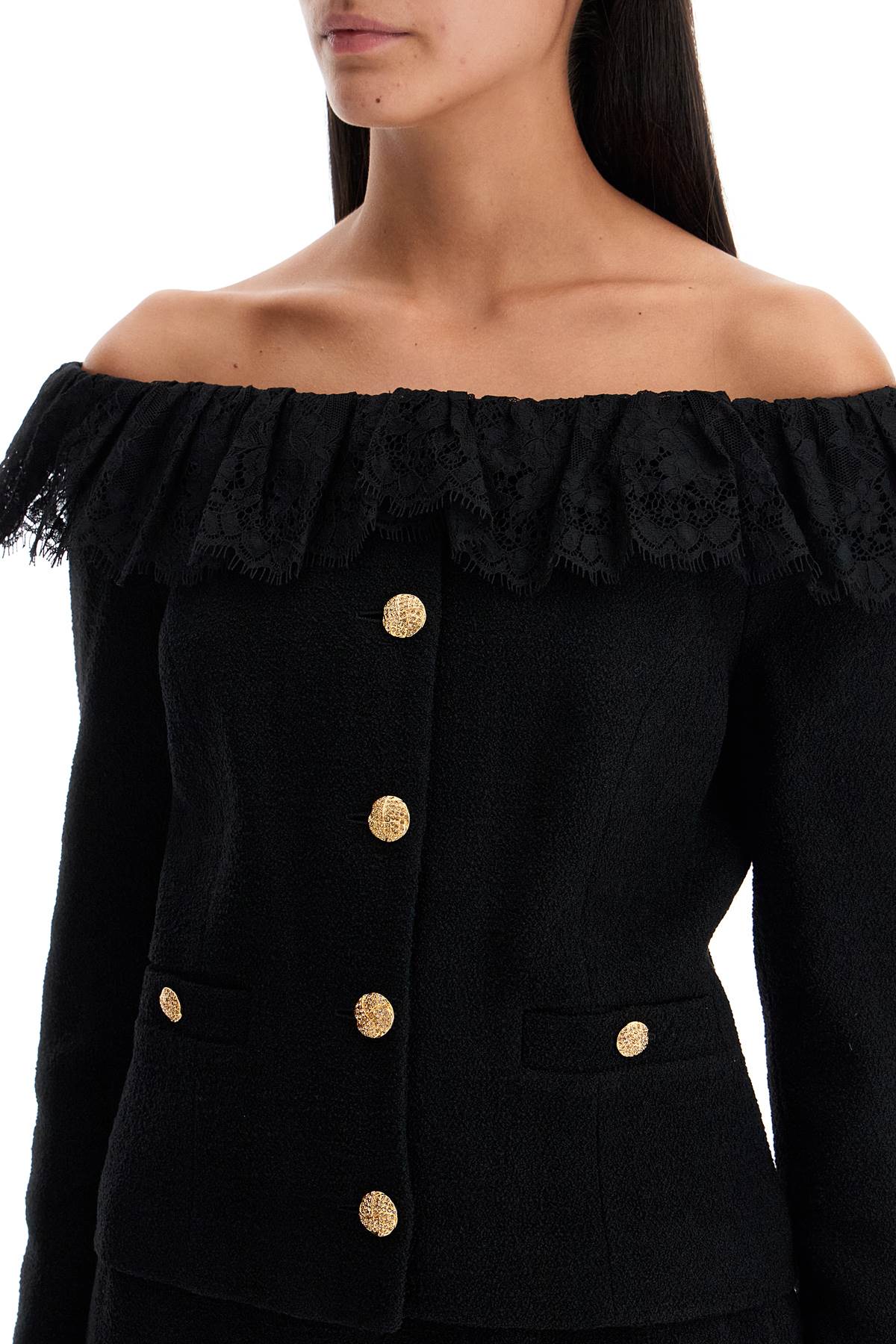 Alessandra Rich Black Off Shoulder Crystal Button Boucle Tweed Blazer