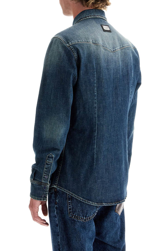 Dolce & Gabbana Blue Distressed Denim Stretch Slim Fit Shirt