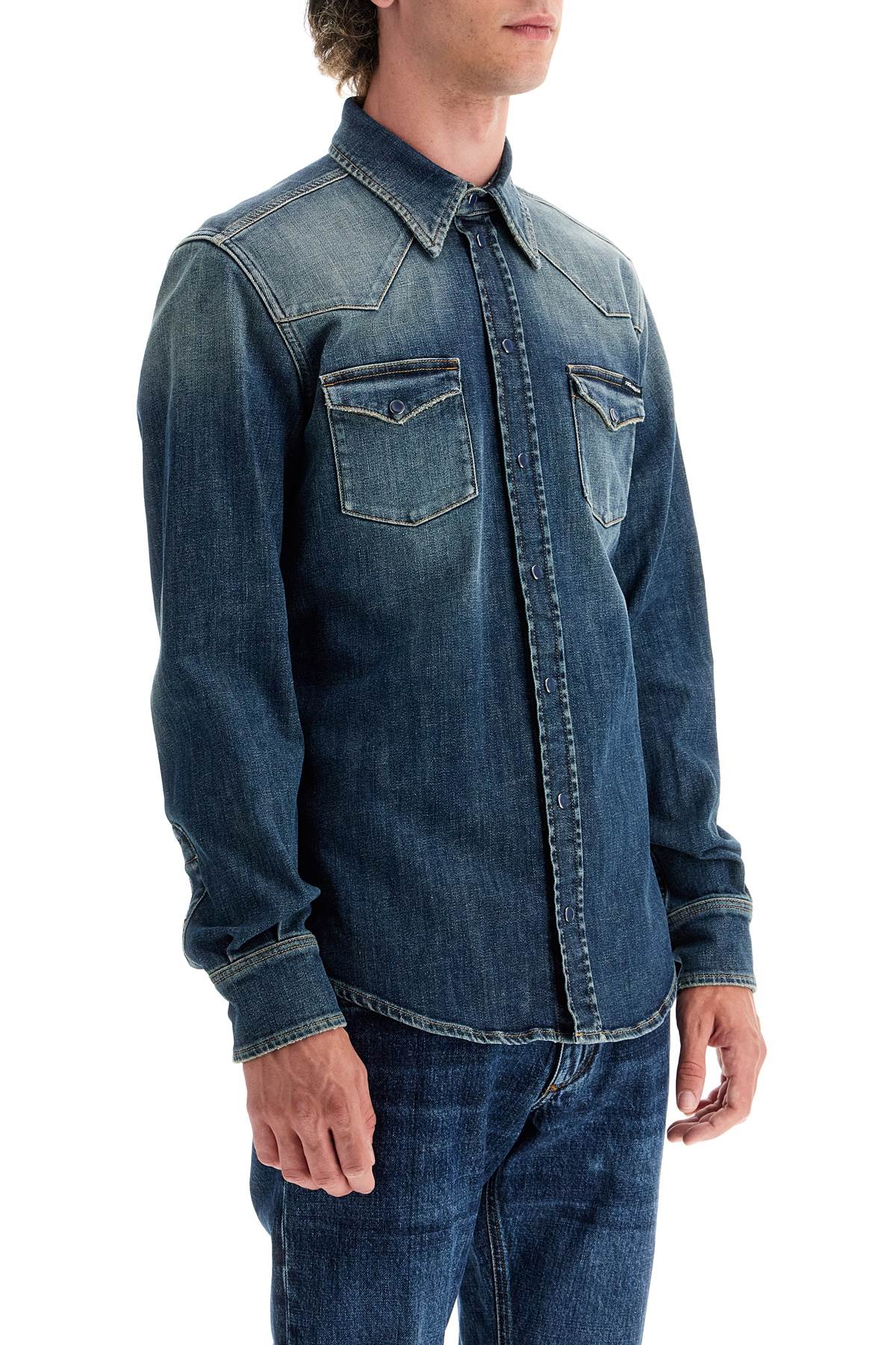 Dolce & Gabbana Blue Distressed Denim Stretch Slim Fit Shirt