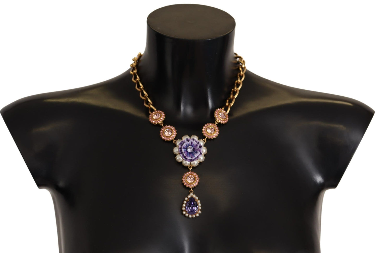 Dolce & Gabbana Gold Brass Crystal Purple Pink Pearl Pendants Necklace