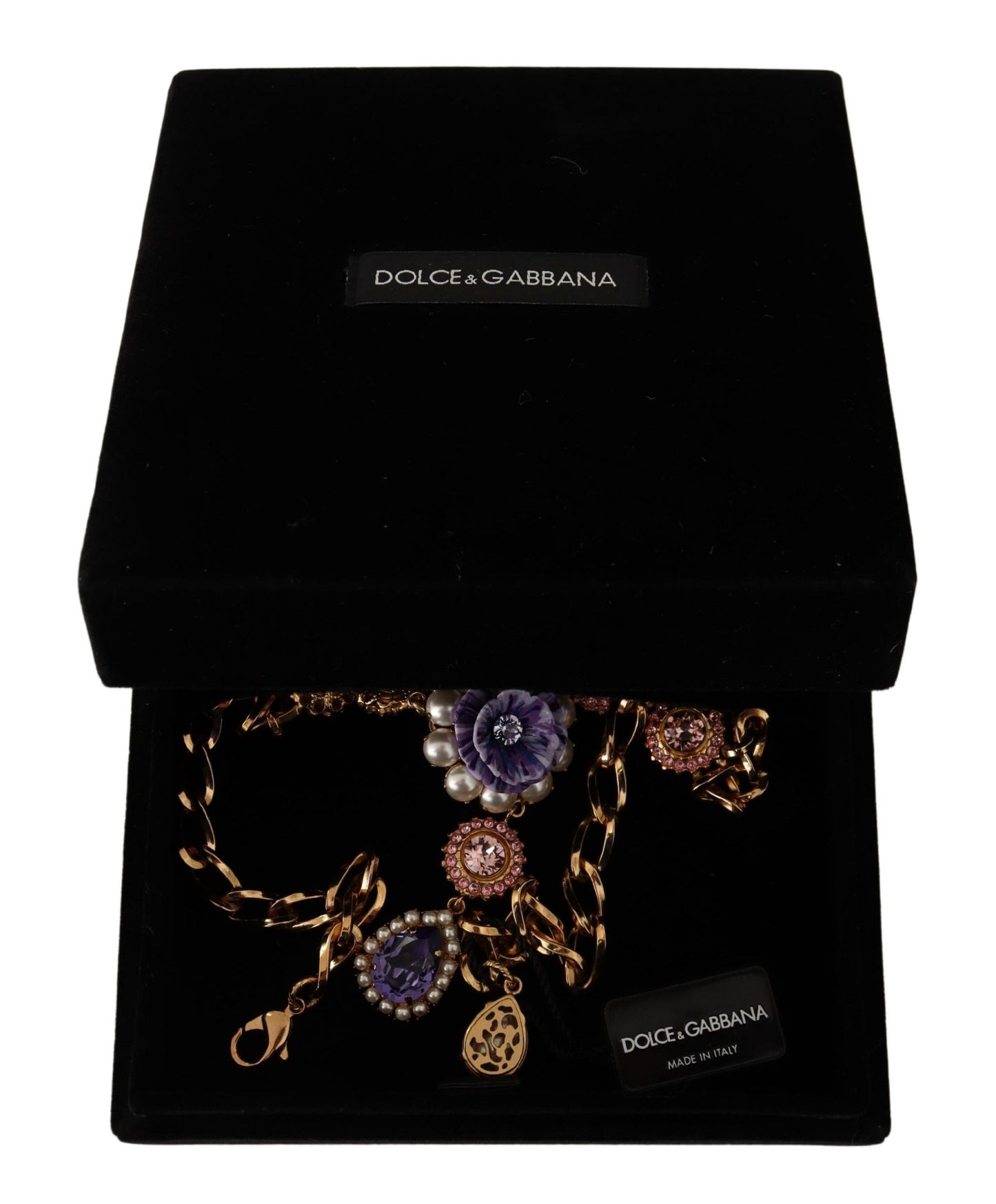 Dolce & Gabbana Gold Brass Crystal Purple Pink Pearl Pendants Necklace