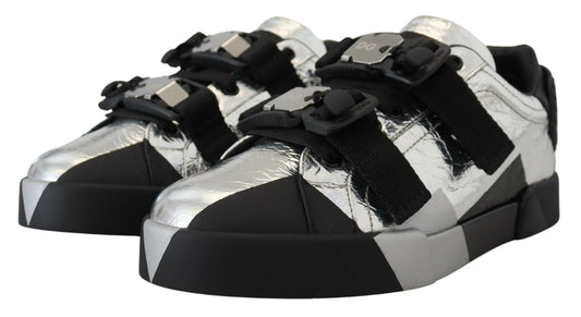 Dolce & Gabbana Black Silver Leather Logo Buckle Sneakers