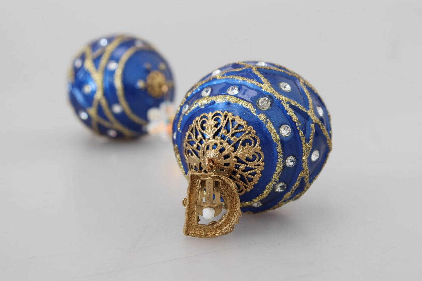 Dolce & Gabbana Gold Brass Blue Dangle Ball Crystal Clip On Earrings