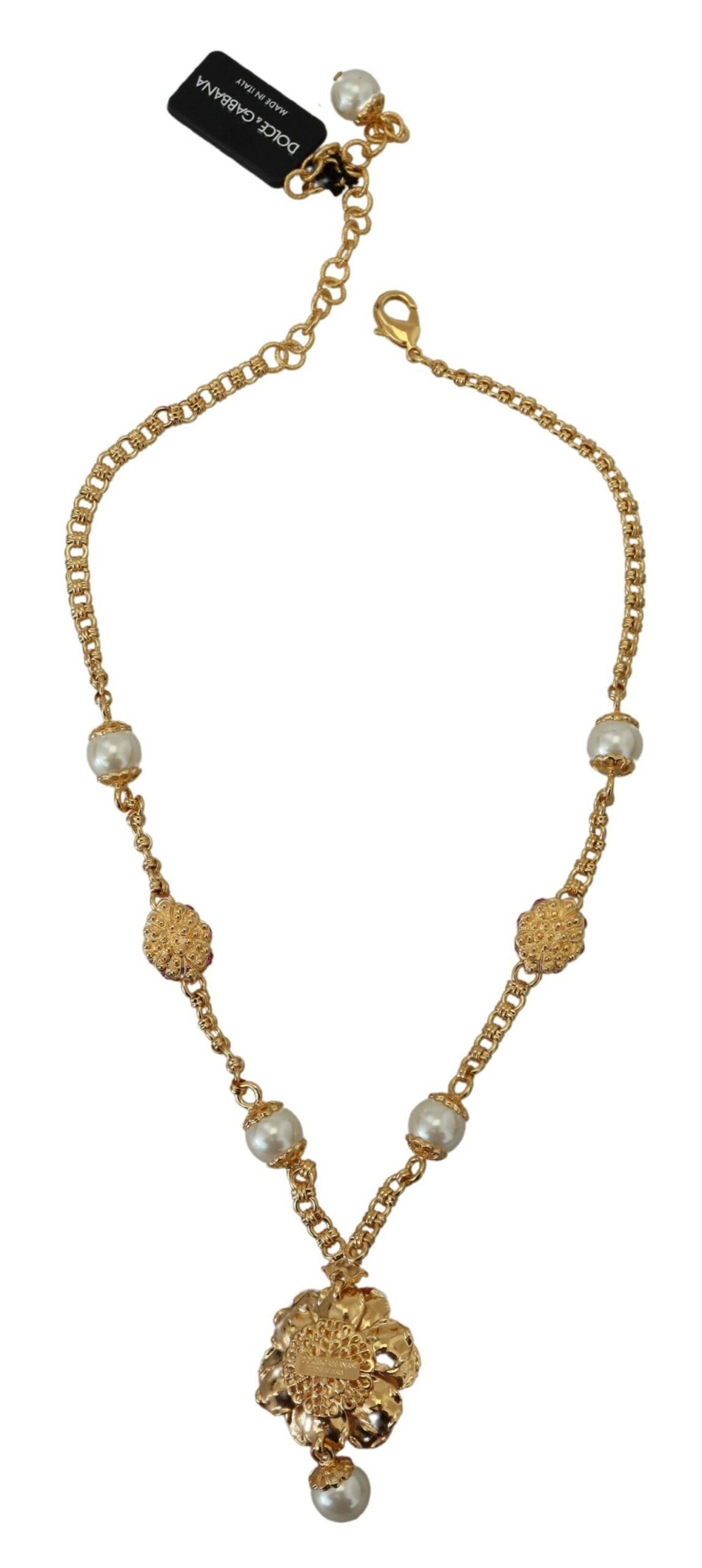 Dolce & Gabbana Gold Tone Floral Crystals Pink Embellished Necklace