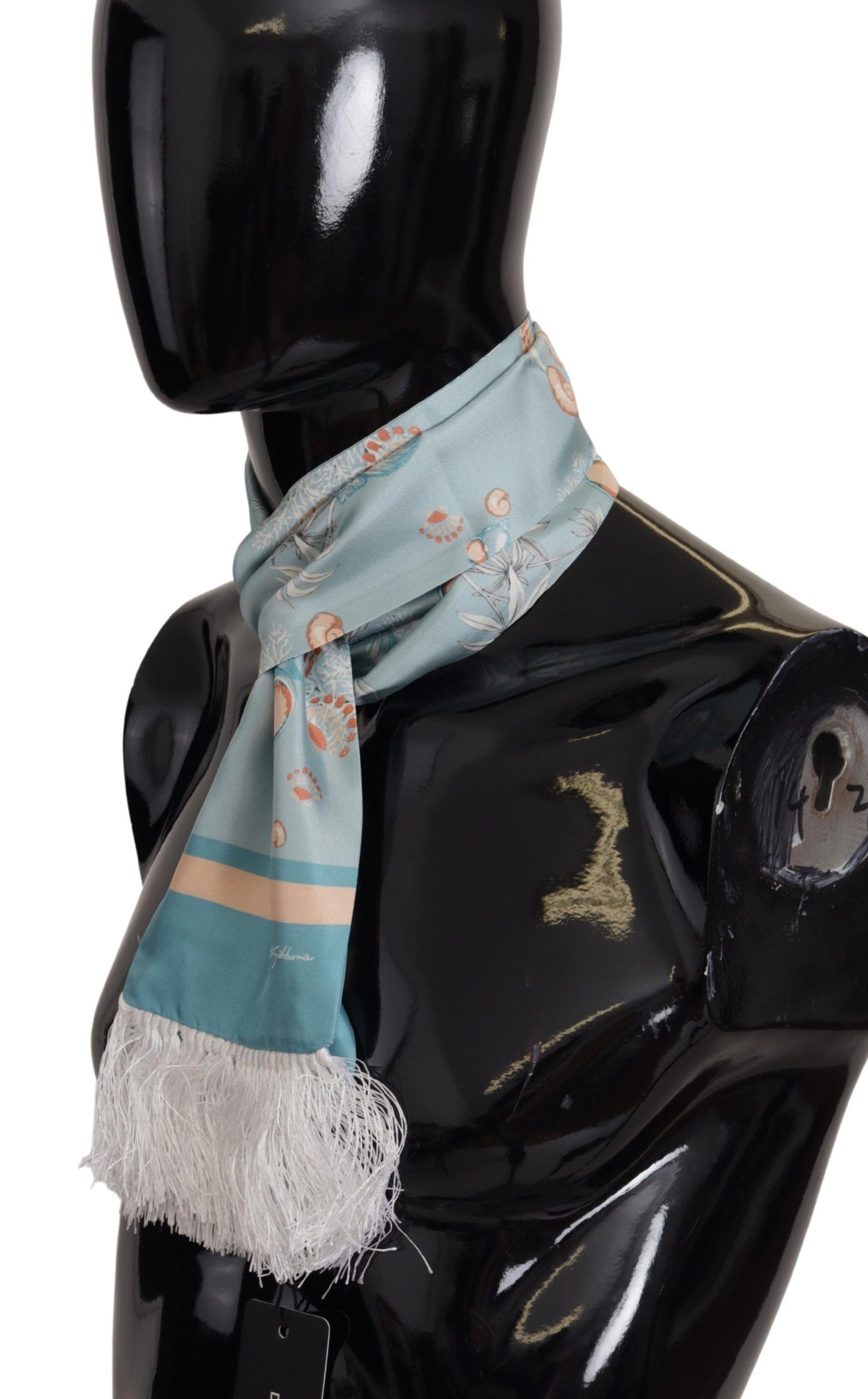 Dolce & Gabbana Blue Silk Shiny Shell-Print Neck Wrap Fringed Scarf