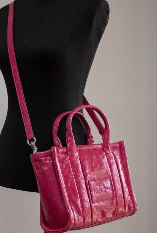 Marc Jacobs The Shiny Crinkle Mini Tote Magenta Pink Leather Crossbody Handbag