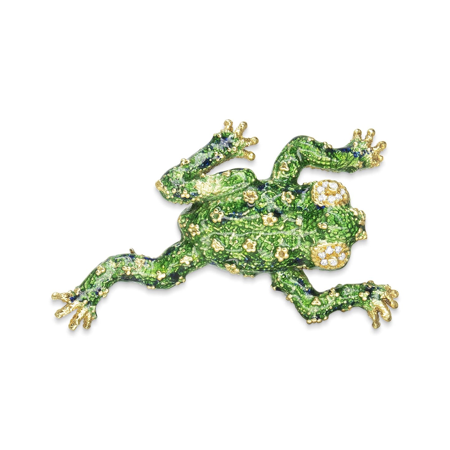 18K Yellow Gold Diamond Green Frog Enamel Brooch Pin