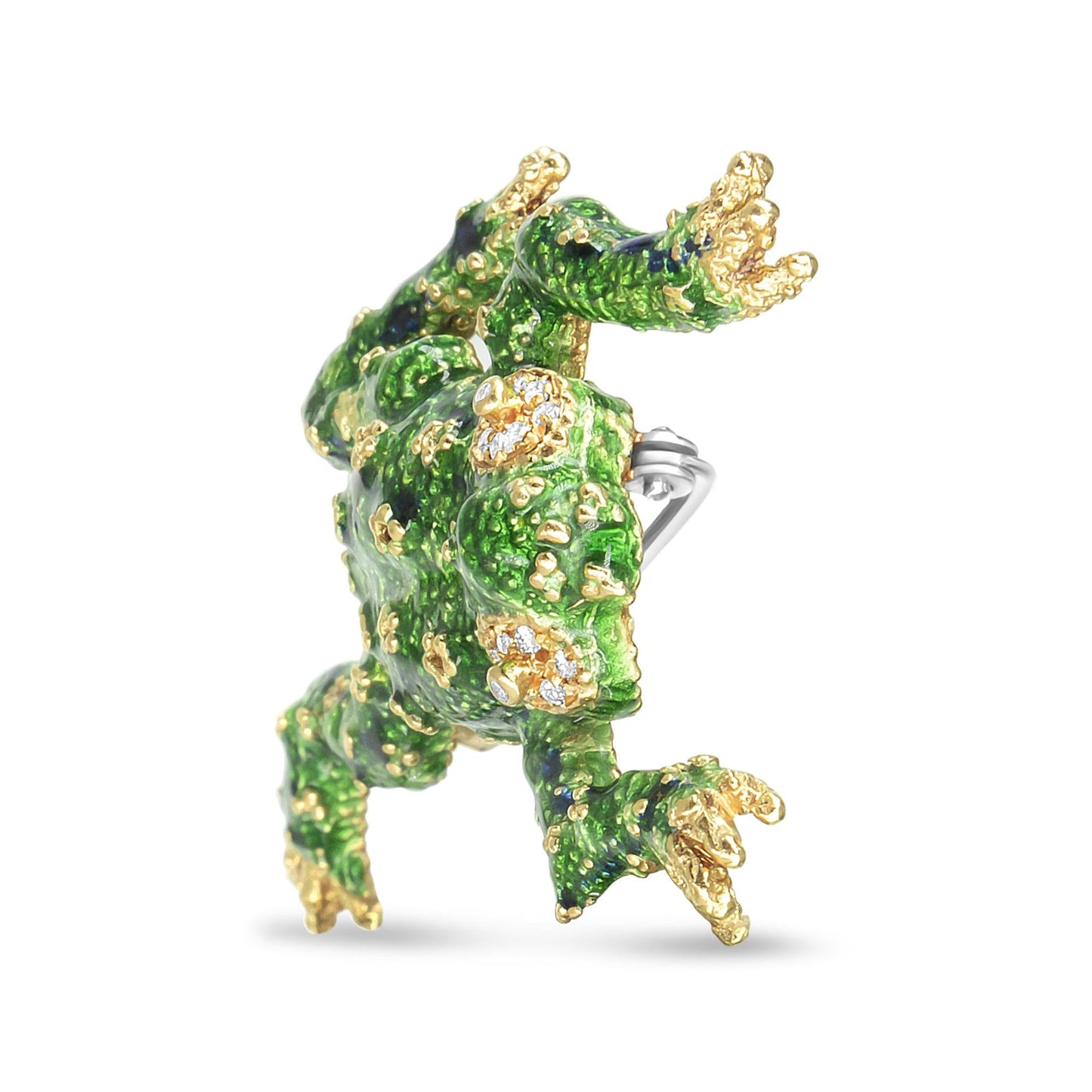 18K Yellow Gold Diamond Green Frog Enamel Brooch Pin