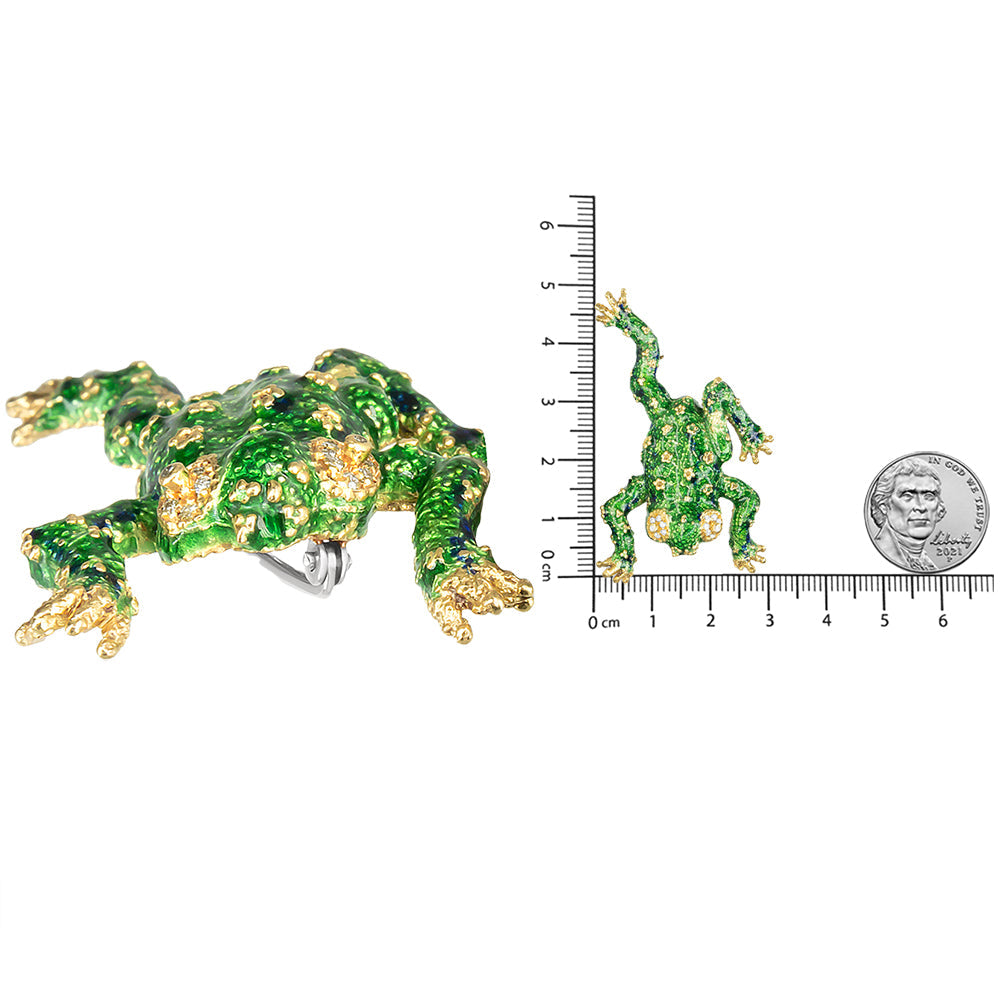 18K Yellow Gold Diamond Green Frog Enamel Brooch Pin