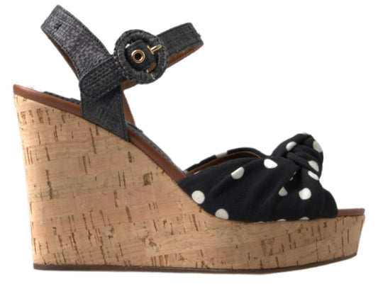 Dolce & Gabbana Black White Polka Dotted Ankle Strap Wedge Sandals