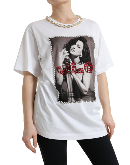 Dolce & Gabbana White Crystal Neckline J.Lo Print T-shirt