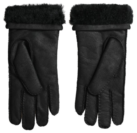 Dolce & Gabbana Black Leather Fur Short Hands Mitten Men Gloves