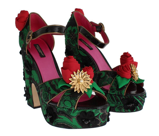 Dolce & Gabbana Green Black Brocade Jacquard Red Roses Crystal Platform Sandals