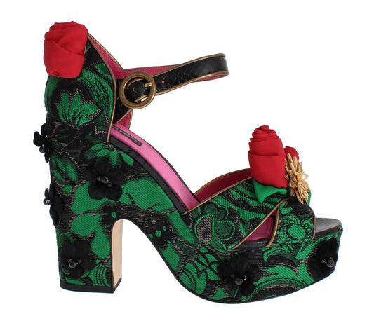 Dolce & Gabbana Green Black Brocade Jacquard Red Roses Crystal Platform Sandals