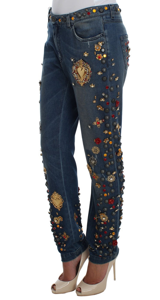 Dolce & Gabbana Sicily Blue Crystal Roses Gold Heart Embellished Boyfriend Jeans