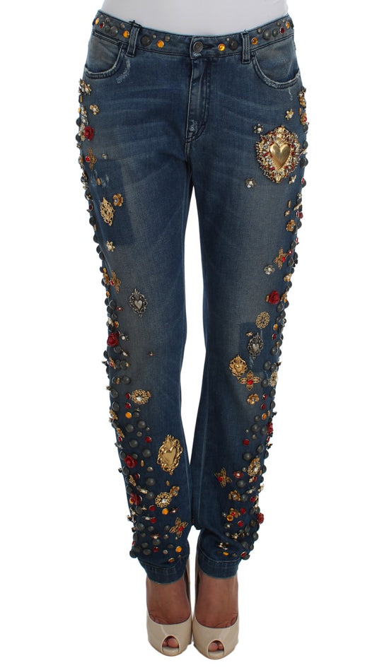 Dolce & Gabbana Sicily Blue Crystal Roses Gold Heart Embellished Boyfriend Jeans